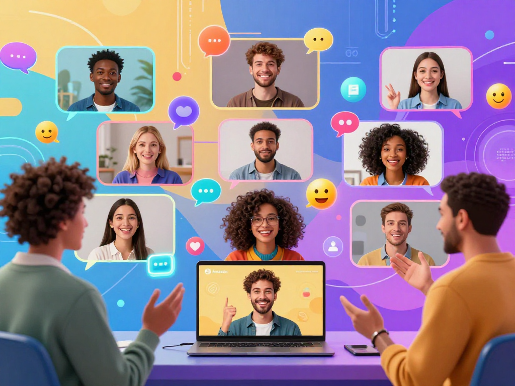 Dynamic virtual chat scene enhancing the concept of porn ai chat through diverse avatars and interactive digital elements.