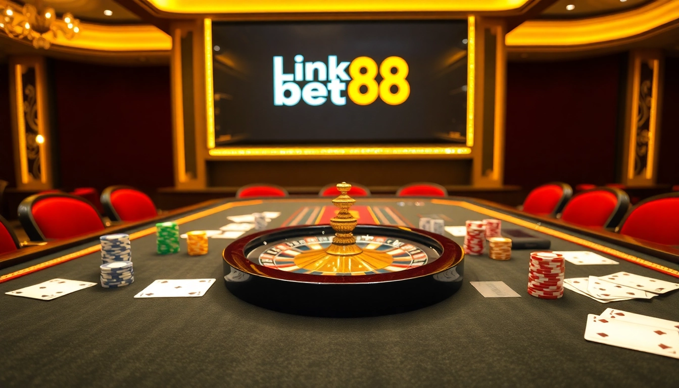 Engaging scene with gambling excitement featuring Link Bet88's digital presence amidst casino elements.