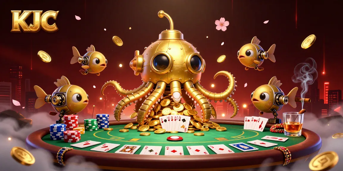 KJC's dynamic scene showcases an ultra-detailed kraken submarine amidst poker elements, creating an engaging casino atmosphere.