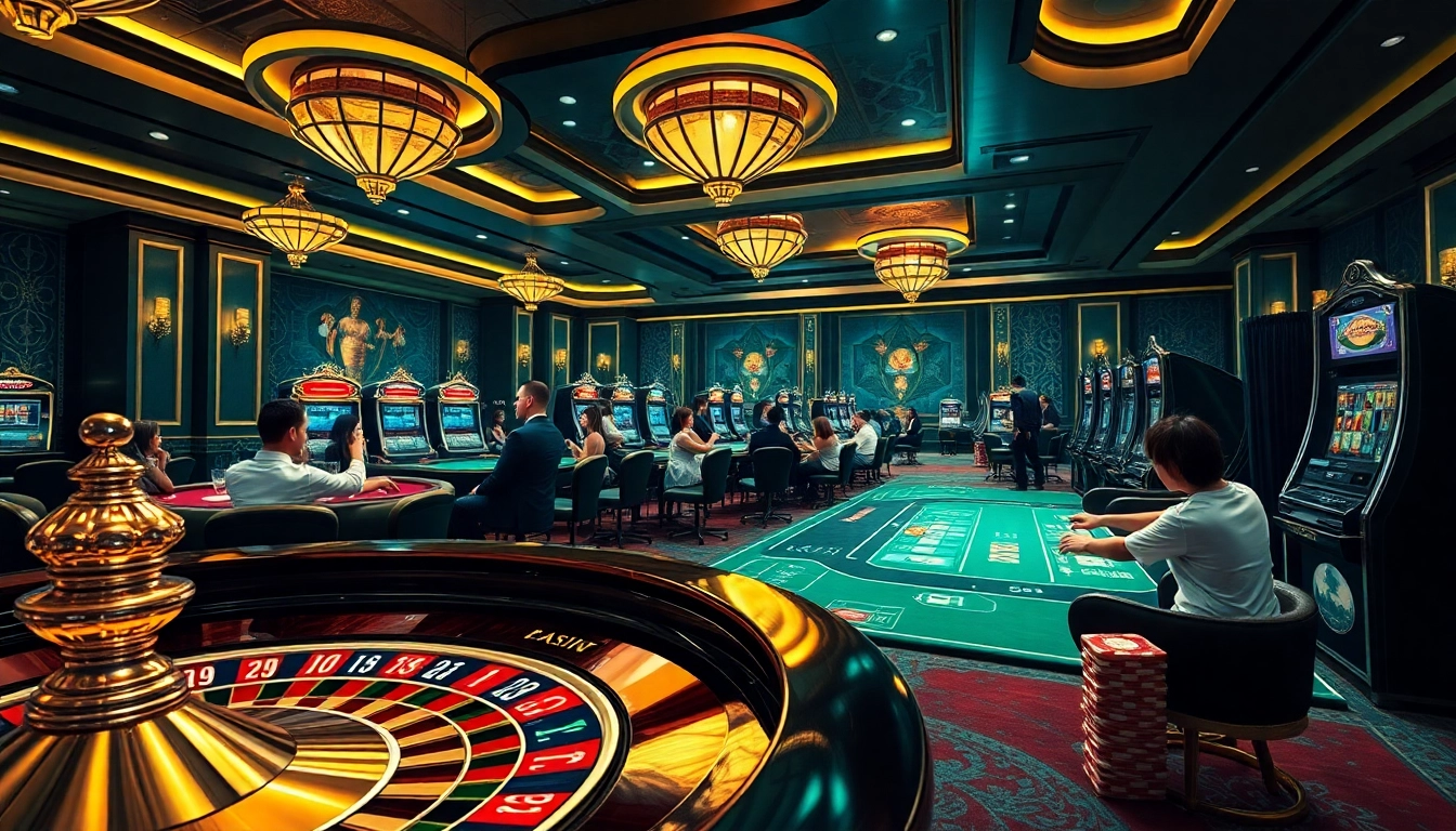 Experience the thrill of gambling at nhà cái XX88 with this luxurious casino scene featuring vibrant games and players.