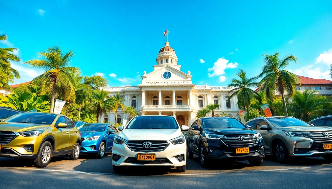 Kuching rent car scene featuring a variety of rental cars, iconic landmarks, and a warm inviting atmosphere.