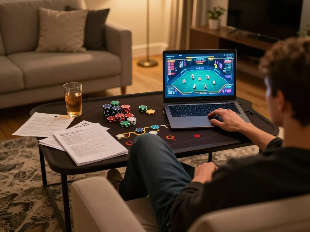 Person gaming on VIC88 online poker platform at home, showcasing a strategic gambling environment.