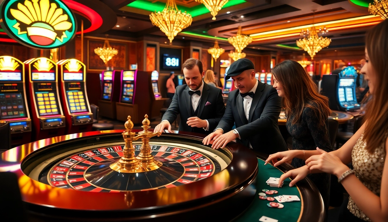 Engaged players at a luxurious casino surrounding a roulette table with vibrant poker elements, representing the thrill of 88i.