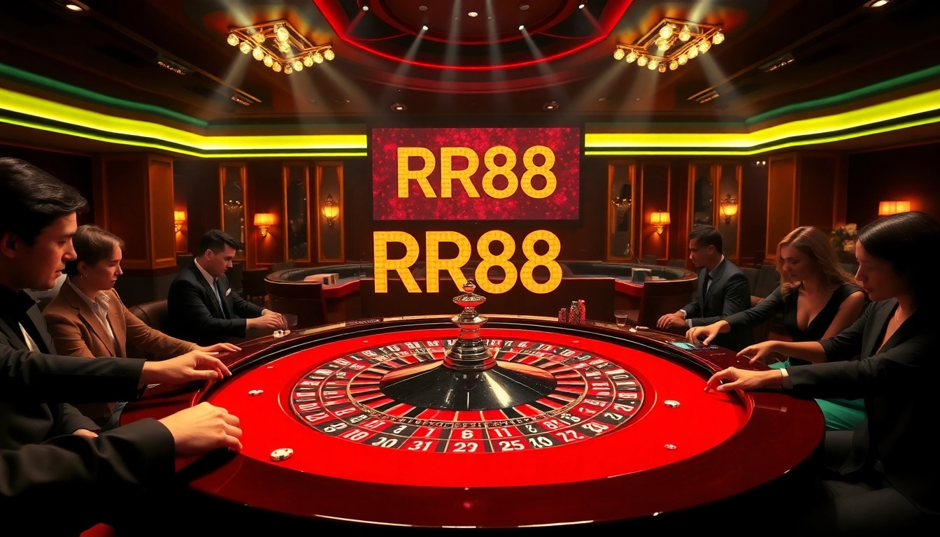 RR88 players excitedly placing bets at a luxurious roulette table with colorful chips and cards.