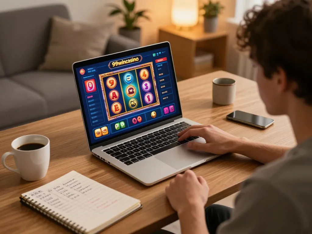 Engaged player experiencing the thrill of 99wincasino online gaming session with vibrant slot visuals.