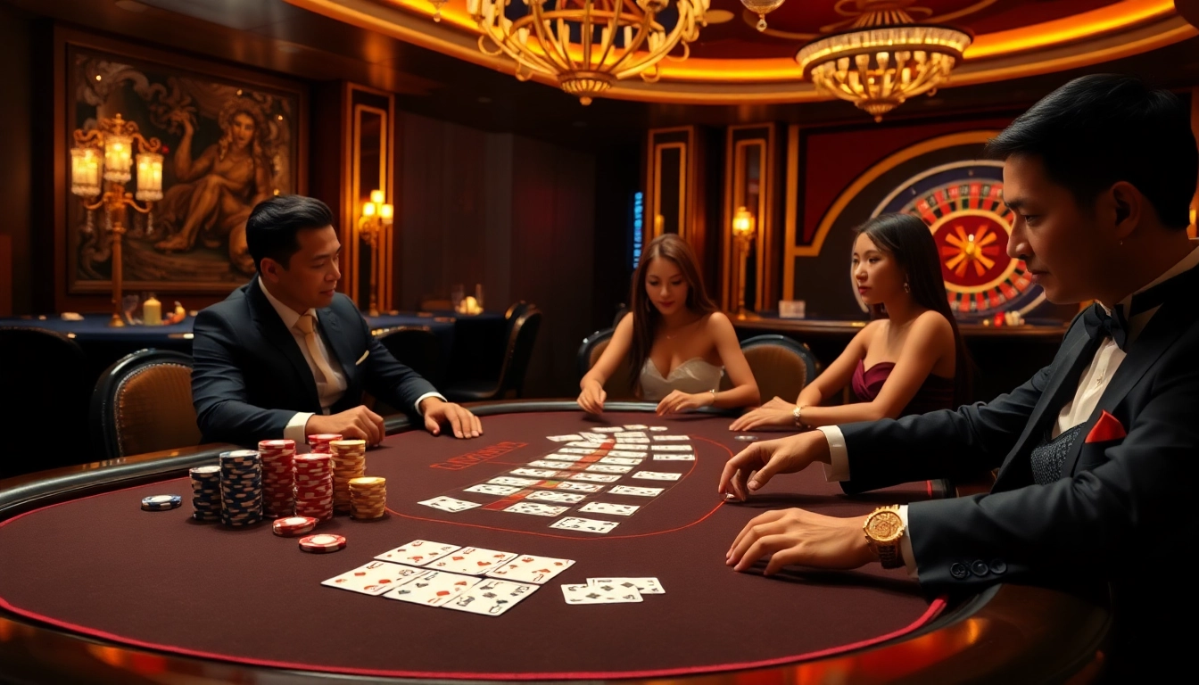 High-stakes poker action at a luxury 88vv casino with glamorous players and colorful chips.