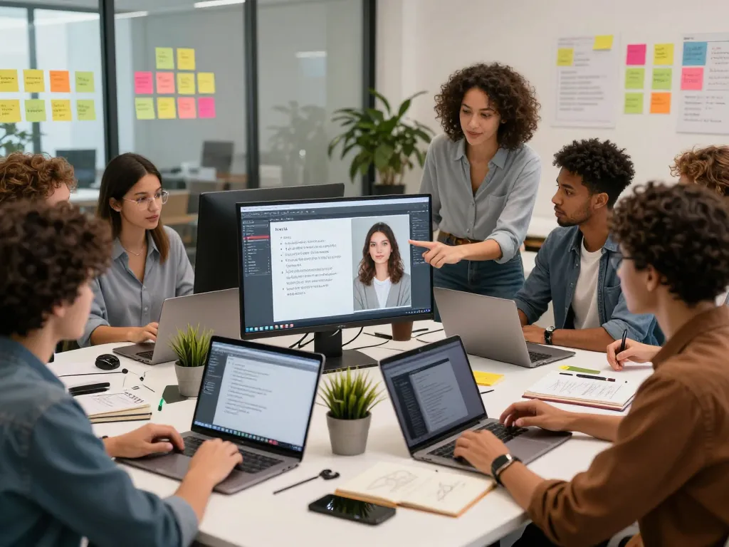 Users interacting with an image to prompt generator in a bright workspace, showcasing creativity and technology.