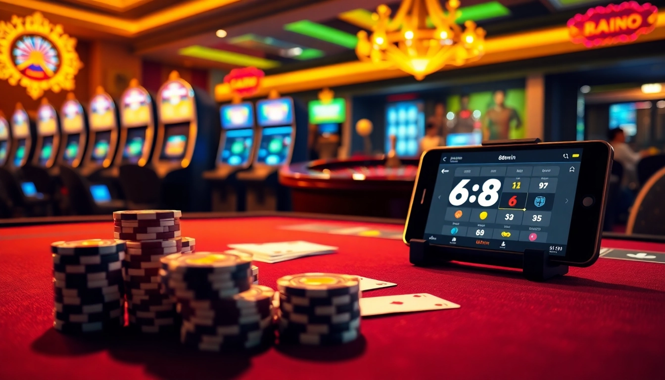 Scene illustrating 68win with vibrant casino elements including a roulette wheel and dynamic gaming action.