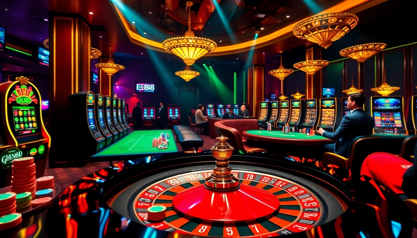 Experience the excitement of EE88 casino gaming with vibrant roulette and engaging poker scenes.