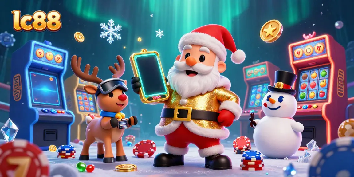 Experience the excitement of lc88 with a festive casino scene featuring Santa and friends celebrating jackpots.
