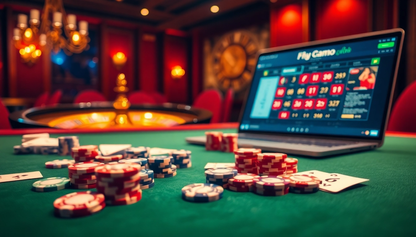 Engaging gaming atmosphere at Nhà cái Fly88 featuring luxurious casino tables and vibrant poker chips.