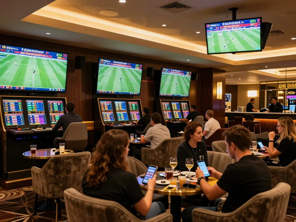 KQBD fans enjoying a vibrant sports betting experience in a luxury lounge with live matches displayed