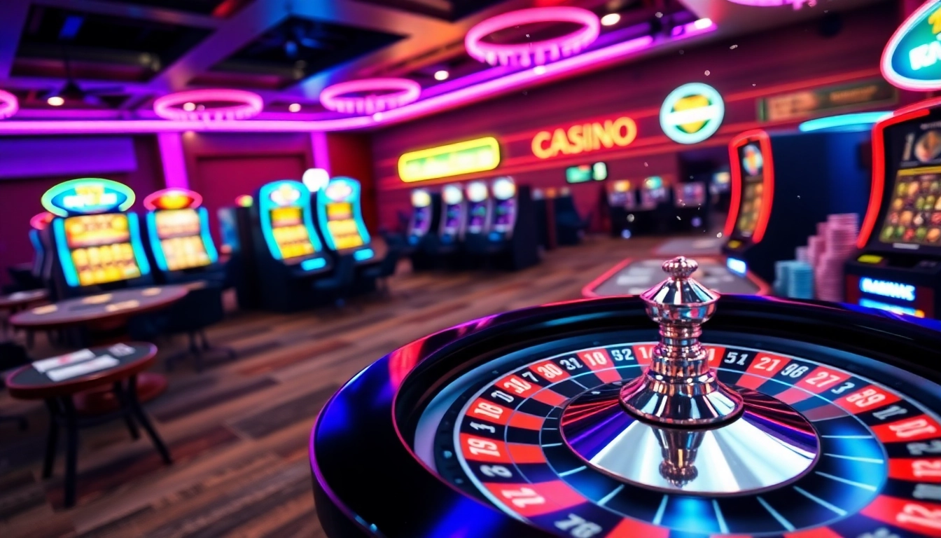 Utländska.casino showcases an exhilarating online casino scene with neon lights and poker chips.