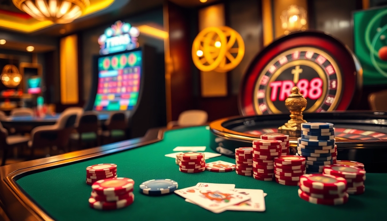 Engaged players at a luxurious casino table with TR88 displayed on a slot machine.