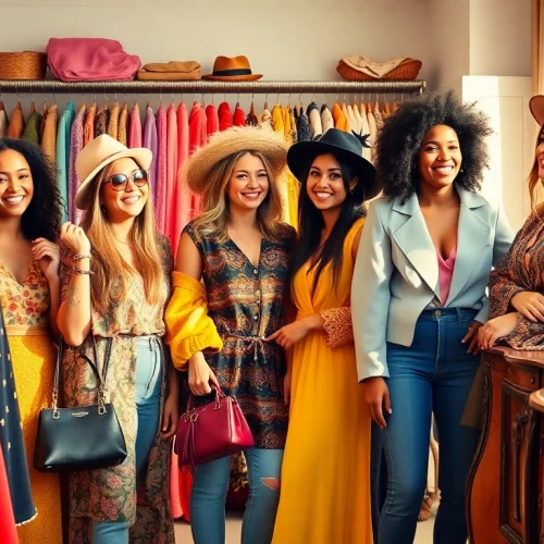 Women Fashion enthusiasts trying outfits in a stylish boutique, showcasing diversity and style.