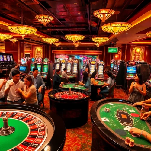 Experience the thrill of gambling with fb88.com at the vibrant casino, showcasing poker tables, roulette, and slot machines.