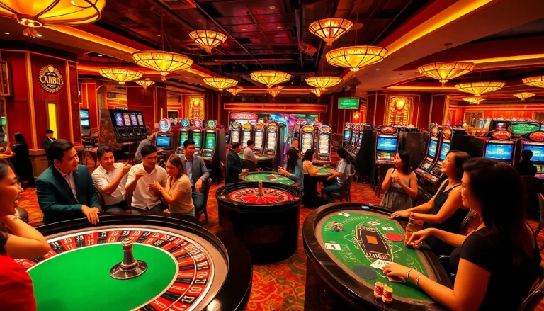 Experience the thrill of gambling with fb88.com at the vibrant casino, showcasing poker tables, roulette, and slot machines.