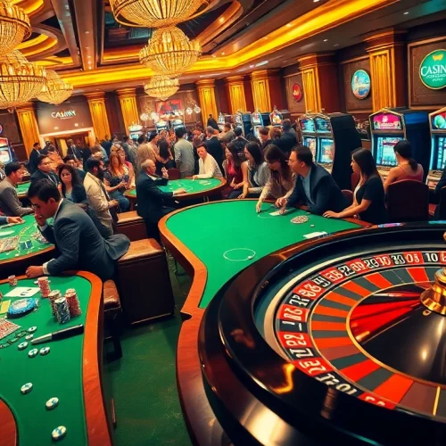 Experience thrilling casino action at https://nhacaiuytin.place/ with players betting at vibrant poker tables and roulette wheels.