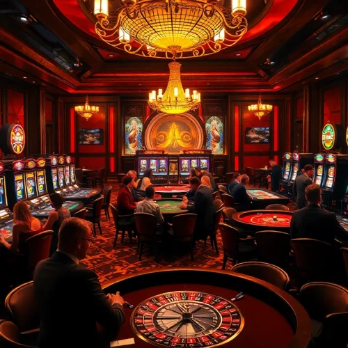 Experience the excitement of thabet casino with players at blackjack and roulette tables.