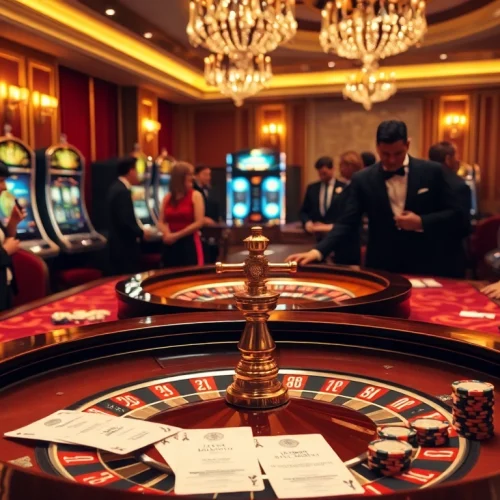 "Experience the thrill of gaming at a casino with the 188bet link prominently featured on a betting slip at a lavish roulette table."