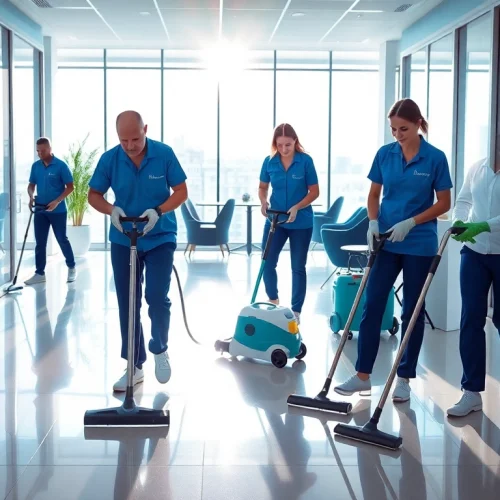 Professional team engaged in commercial cleaning, maintaining a pristine office environment.