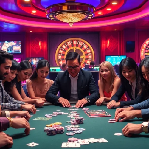 Intense poker game in a casino featuring vibrant chips, where players navigate thrilling bets with AI hentai chat inspirations.