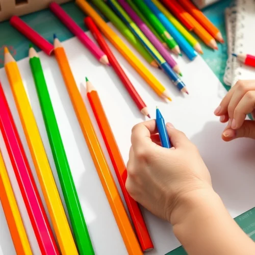 Child holding an easy grip pencil, illustrating its ergonomic design for comfortable writing.