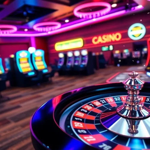 Utländska.casino showcases an exhilarating online casino scene with neon lights and poker chips.