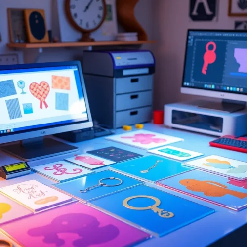 Acrylic keychain maker showcasing vibrant acrylic sheets and custom designs at a bright workspace.