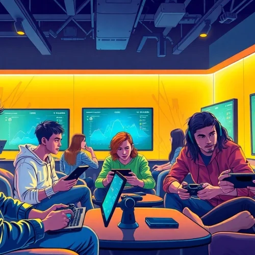 Gamers exploring industry trends in a modern gaming lounge setting.