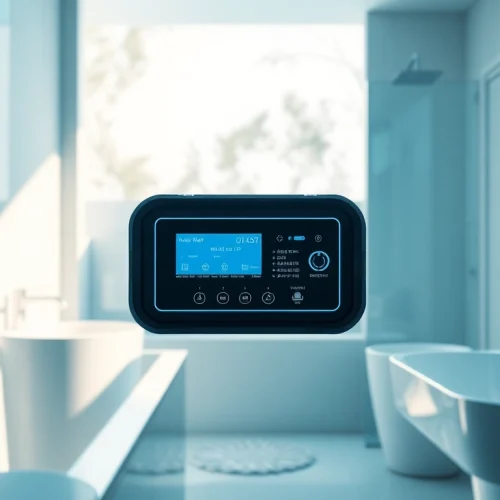 Showcasing a Mains Water Leak Detection system in a modern bathroom featuring sleek design and advanced technology.