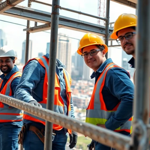 Scaffolders Manchester demonstrating teamwork on a vibrant construction site.