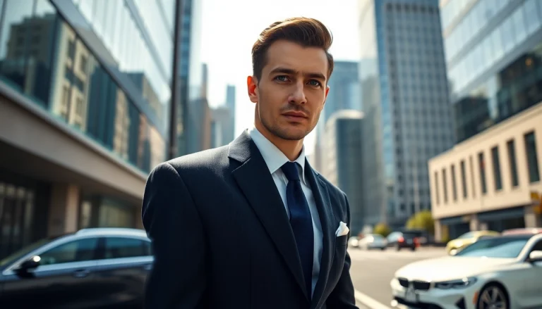 Wearing a stylish Hugo Boss suit, this model embodies elegance in a vibrant urban environment.