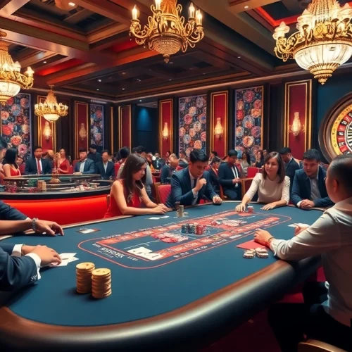 Experience the excitement of Baccarat at SKY88 casino with vibrant gaming tables and engaged players.