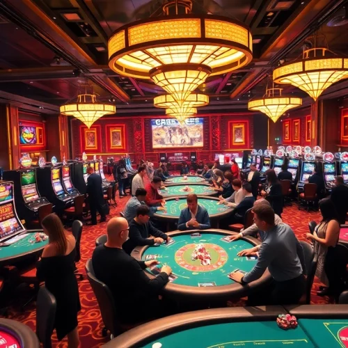 Gamblers at a vibrant casino floor engaging with games and the OK365 link interface.