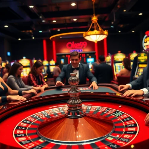 Experience the excitement of Oke99 with vibrant casino games and glamorous players at the roulette table.