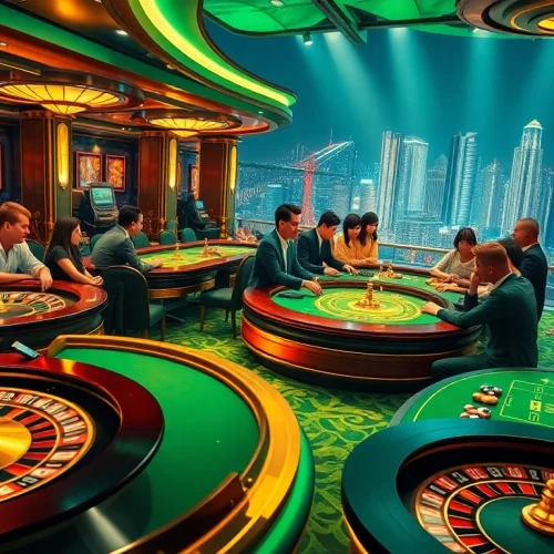 Nohu-themed casino with vibrant gaming tables, excited gamblers, and luxurious decor