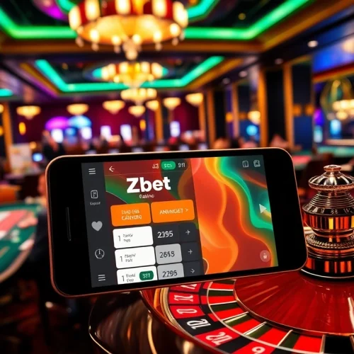 Zbet app interface showcased in a luxurious casino setting with players at gaming tables.