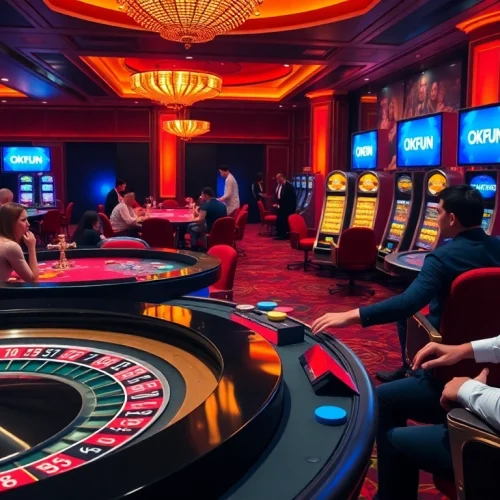 Players enjoying various games at OKFUN casino, showcasing vibrant energy and luxury.