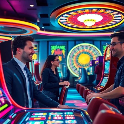 Players spin Slot Online machines in a vibrant casino, showcasing excitement and anticipation for big wins.