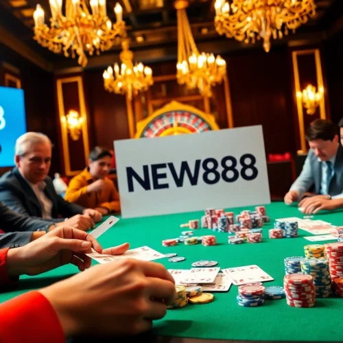 Experience the excitement at NEW88 link poker tables with vibrant chips and cards in action.