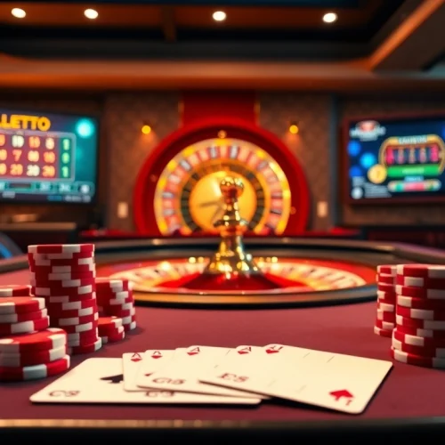 Engaging gambling scene showcasing the Hi88 link mới amidst poker chips and vibrant casino tables.
