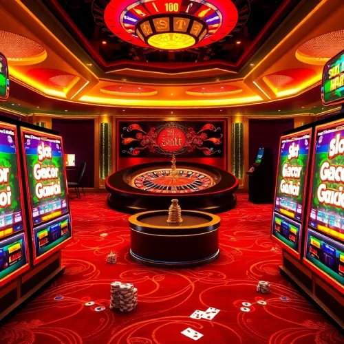 Experience the thrill of Slot Gacor Hari ini with exciting casino games and vibrant slot machines in a luxurious setting.