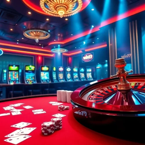 Win79 interactive casino scene featuring luxurious poker tables and vibrant slot machines