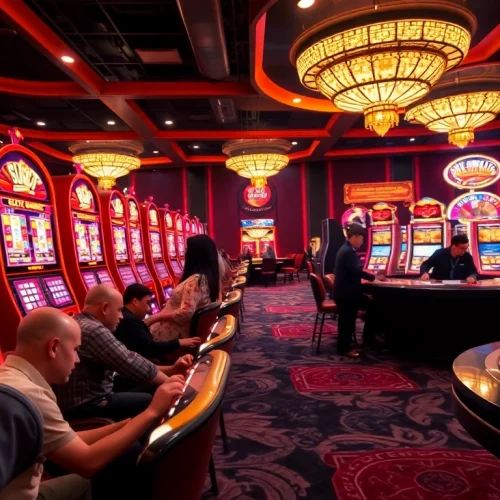 Engaging players in action at Slot Gacor Hari ini slot machines, surrounded by vibrant casino elements.