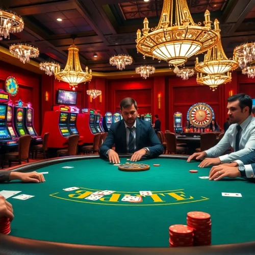 Players enjoying a thrilling game of poker at thabet1 net casino, with vibrant slot machines and roulette wheel in the background.
