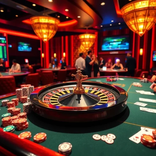 Experience the thrill of GG88 online gambling with dynamic casino tables, chips, and a roulette wheel.