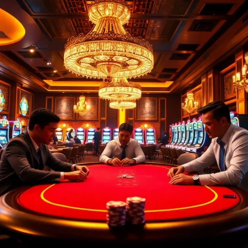 Exciting gameplay on a high-stakes poker table at a luxurious casino, emphasizing birutoto strategy.