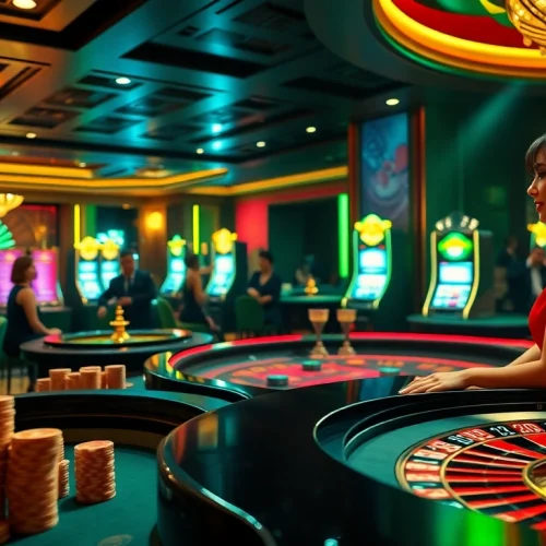 F8Bet players enjoying a lively casino experience with roulette tables and vibrant slot machines.