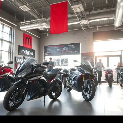 Showroom moto Motopaco avec des motos modernes et du matériel de qualité, ambiance accueillante.